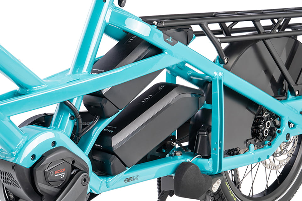 Dual battery bays located on the Tern GSD top tube and seat tube