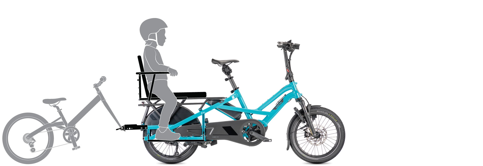 Tern GSD passenger setup for 1 kid with Bike Tow Kit