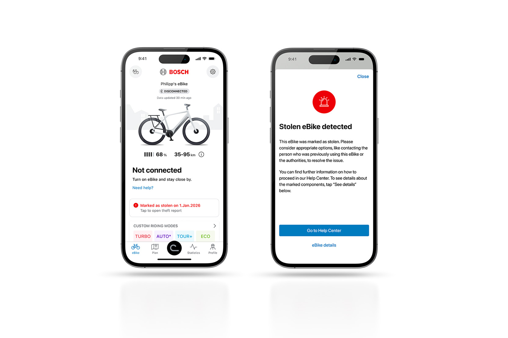 Mark as Stolen feature displayed on eBik Flow App