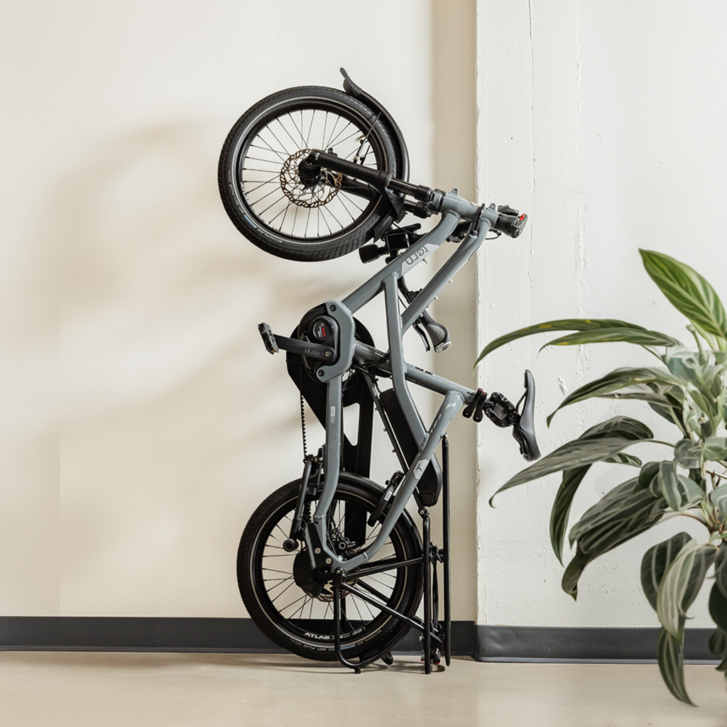 Tern HSD e-cargo bike parked vertically in the corner